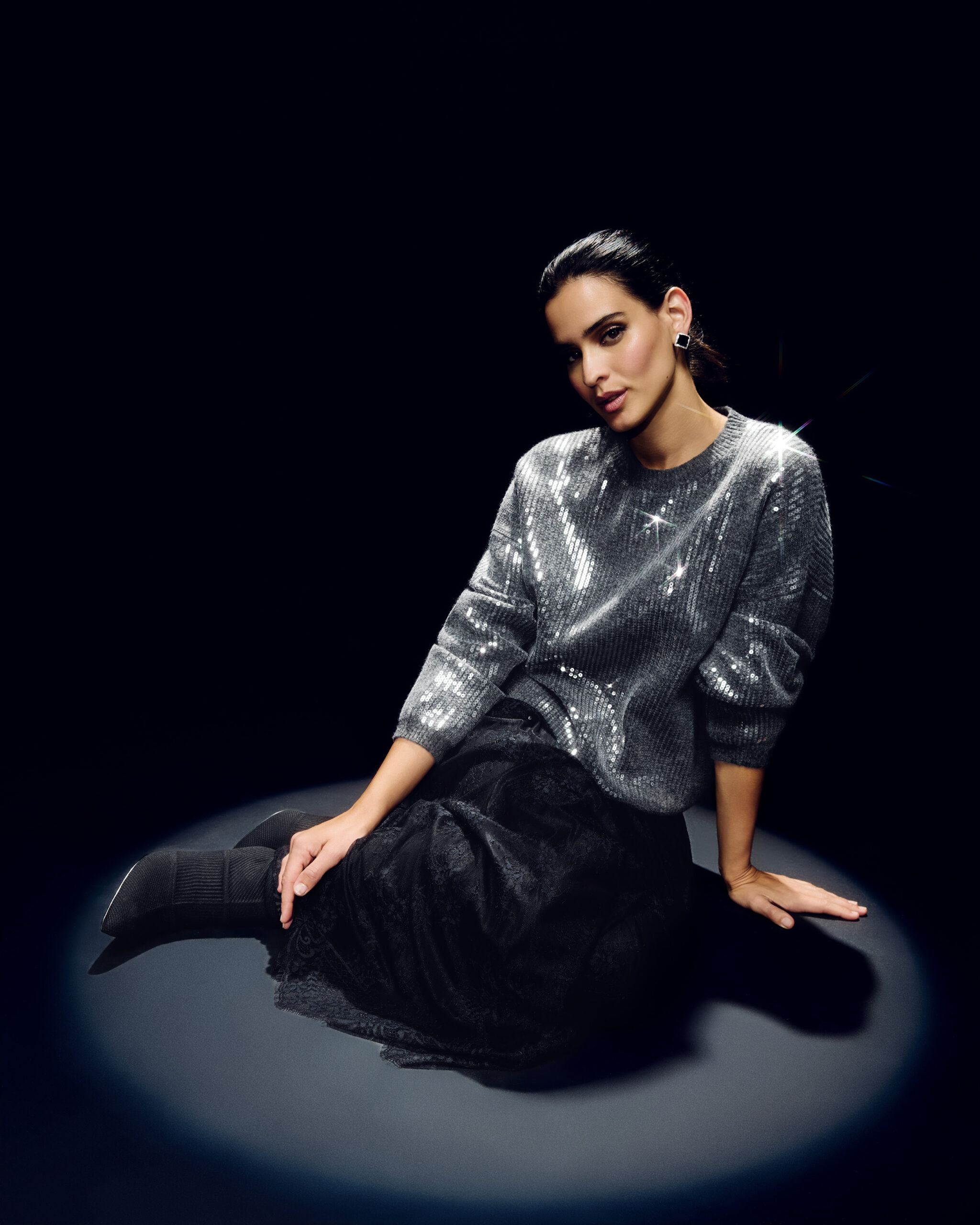 Pull sequins col rond gris foncé morgan